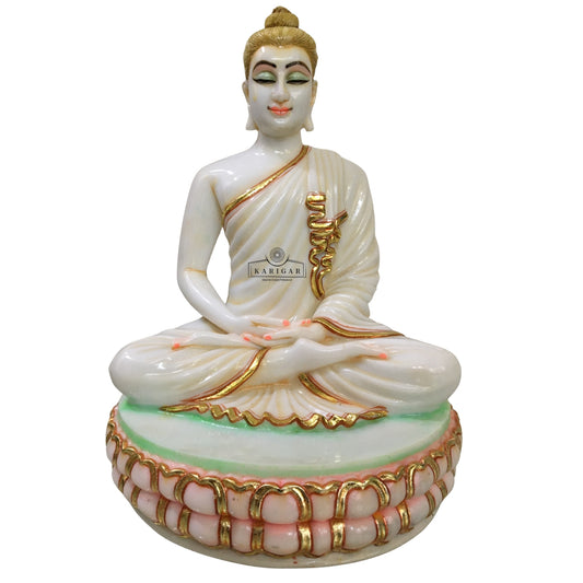 White Gold Marble Buddha Statue Meditating on Round Lotus Flower 12''