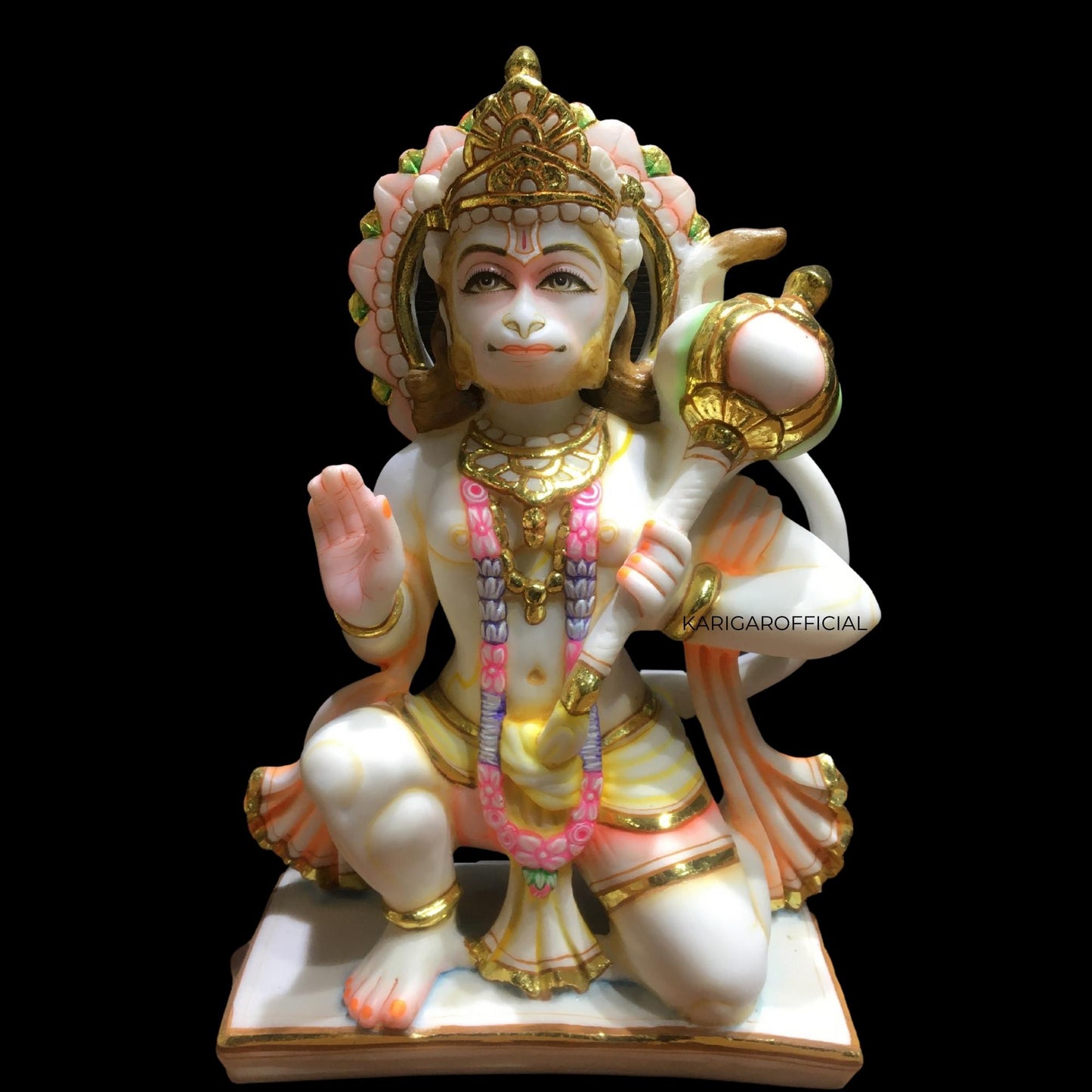 Hanuman Statue, Gold leaf work Large 12 inches Marble Bajrang Bali Murti, Hindu Monkey god Handpainted Multicolor Figurine, Perfect for Small Home Temple Decoration, Housewarming Gifts Sculpture