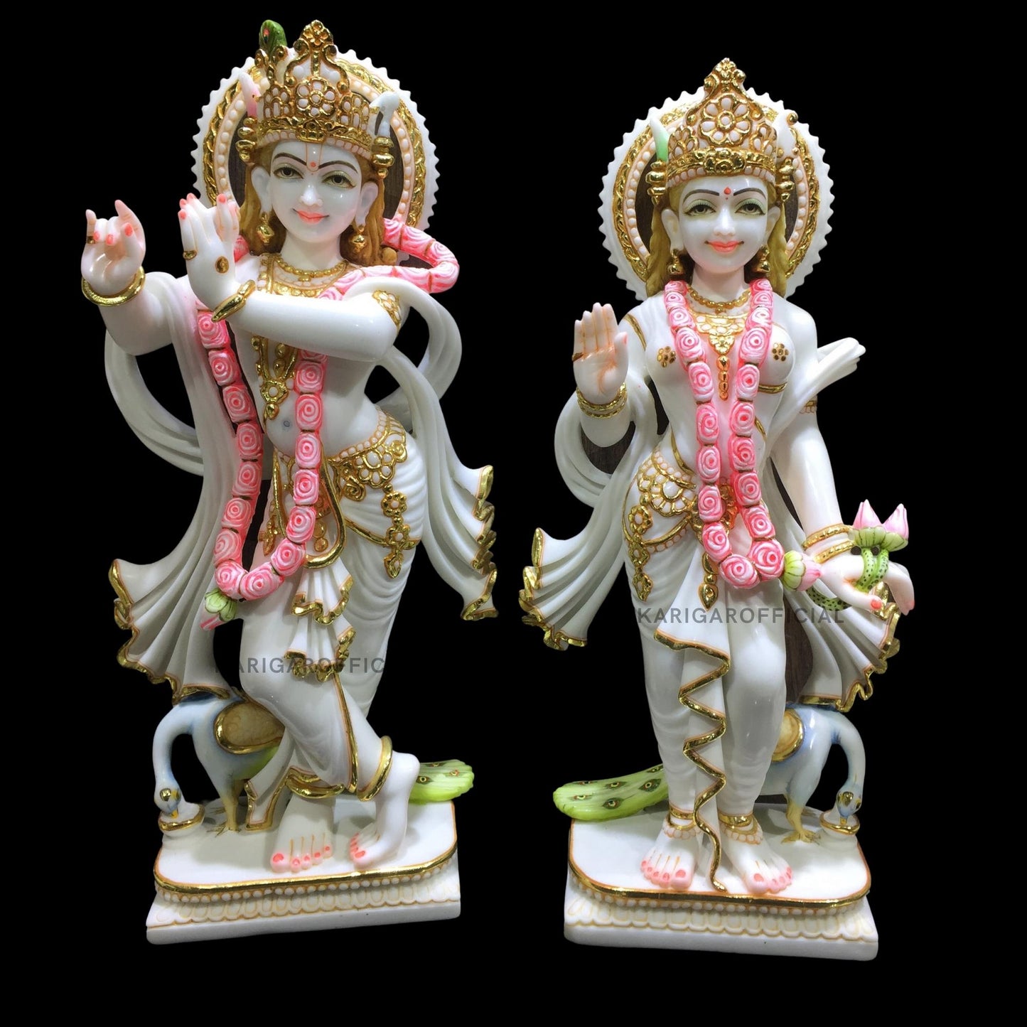 Radha Krishna Statue, Gold Leaf Work Figurine, Large 24 inches Marble Radha Krishna idol, Hindu Divine Couple Handpainted Murti, Home Temple Pooja Decoration, Wedding Housewarming Gifts Sculpture