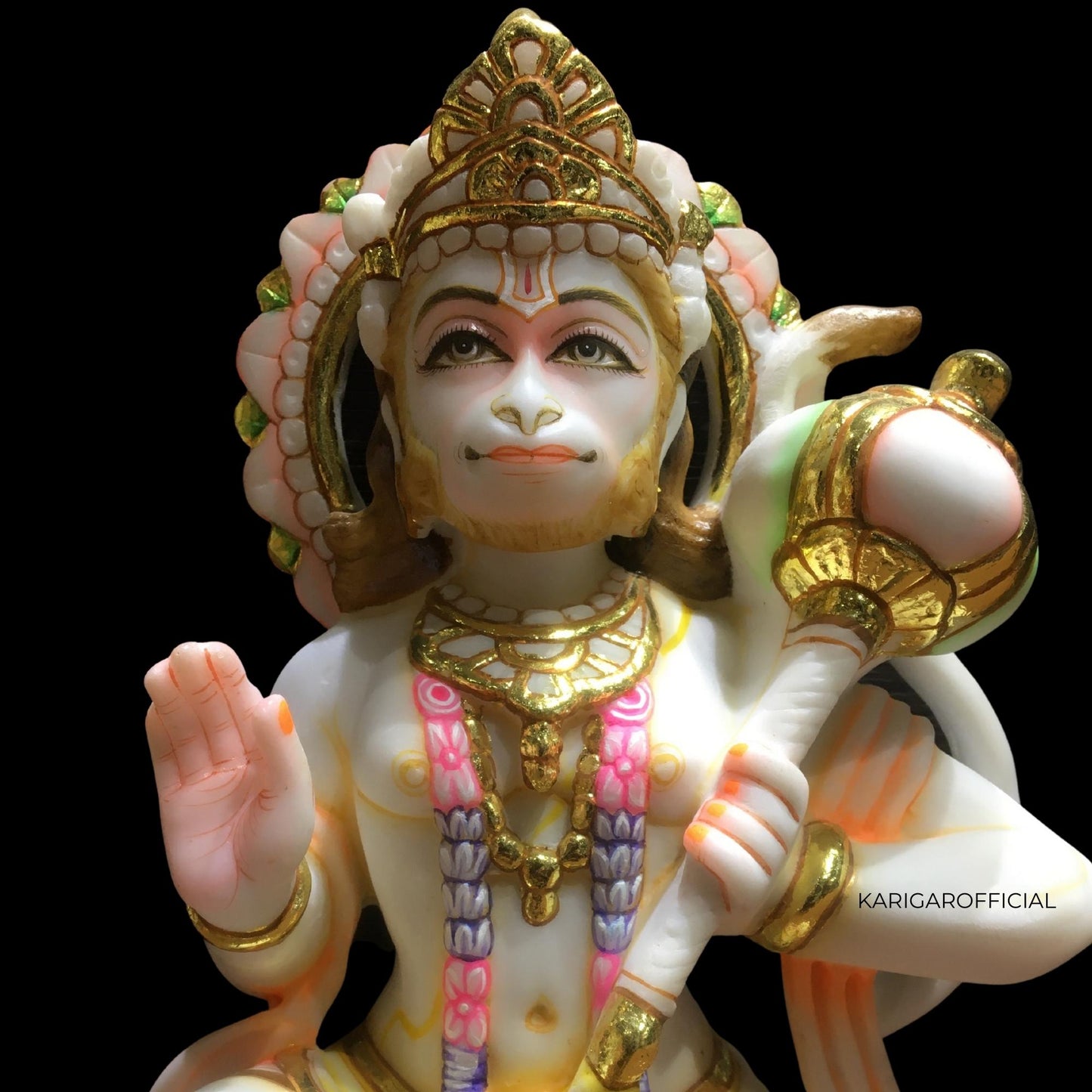 Hanuman Statue, Gold leaf work Large 12 inches Marble Bajrang Bali Murti, Hindu Monkey god Handpainted Multicolor Figurine, Perfect for Small Home Temple Decoration, Housewarming Gifts Sculpture