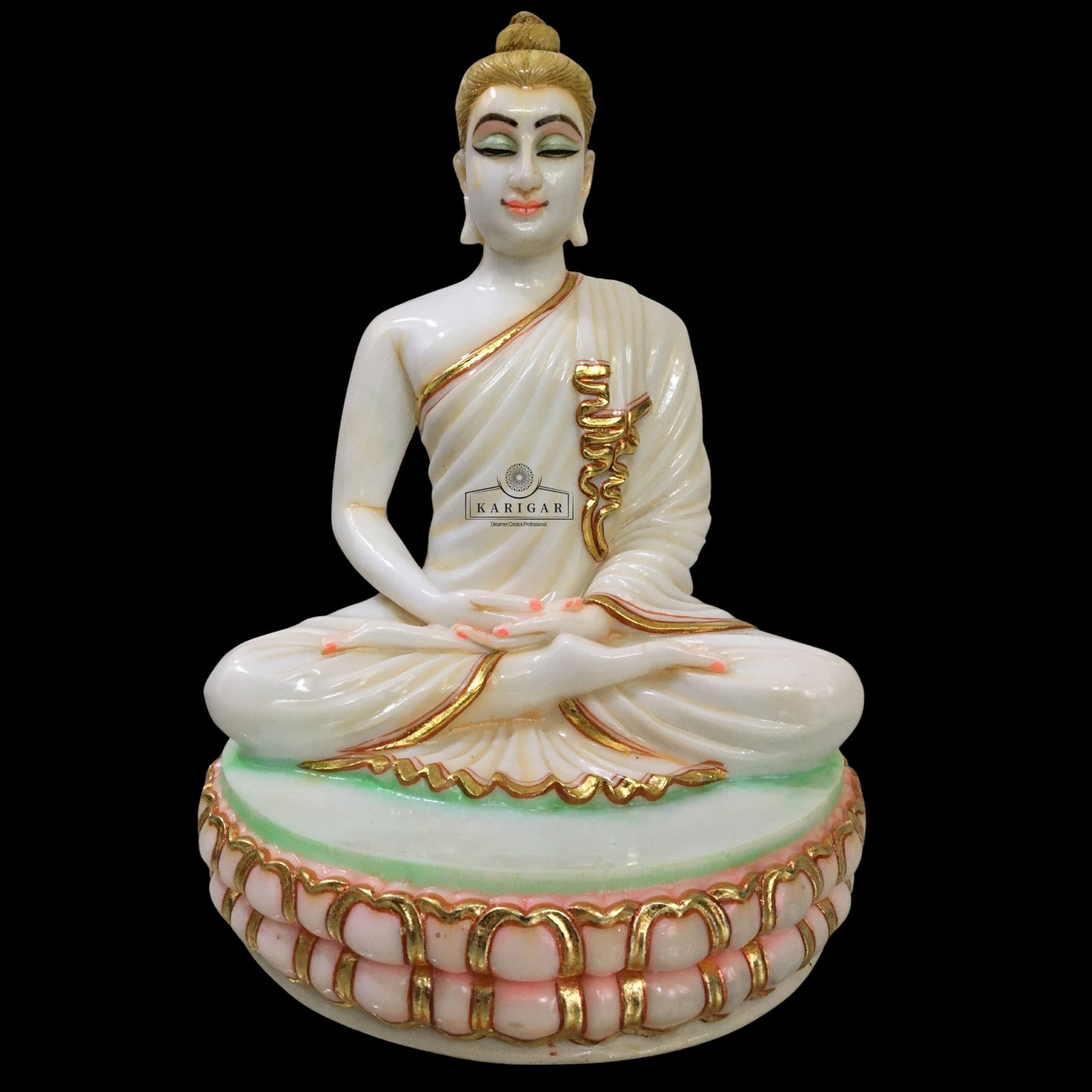 White Gold Marble Buddha Statue Meditating on Round Lotus Flower 12''