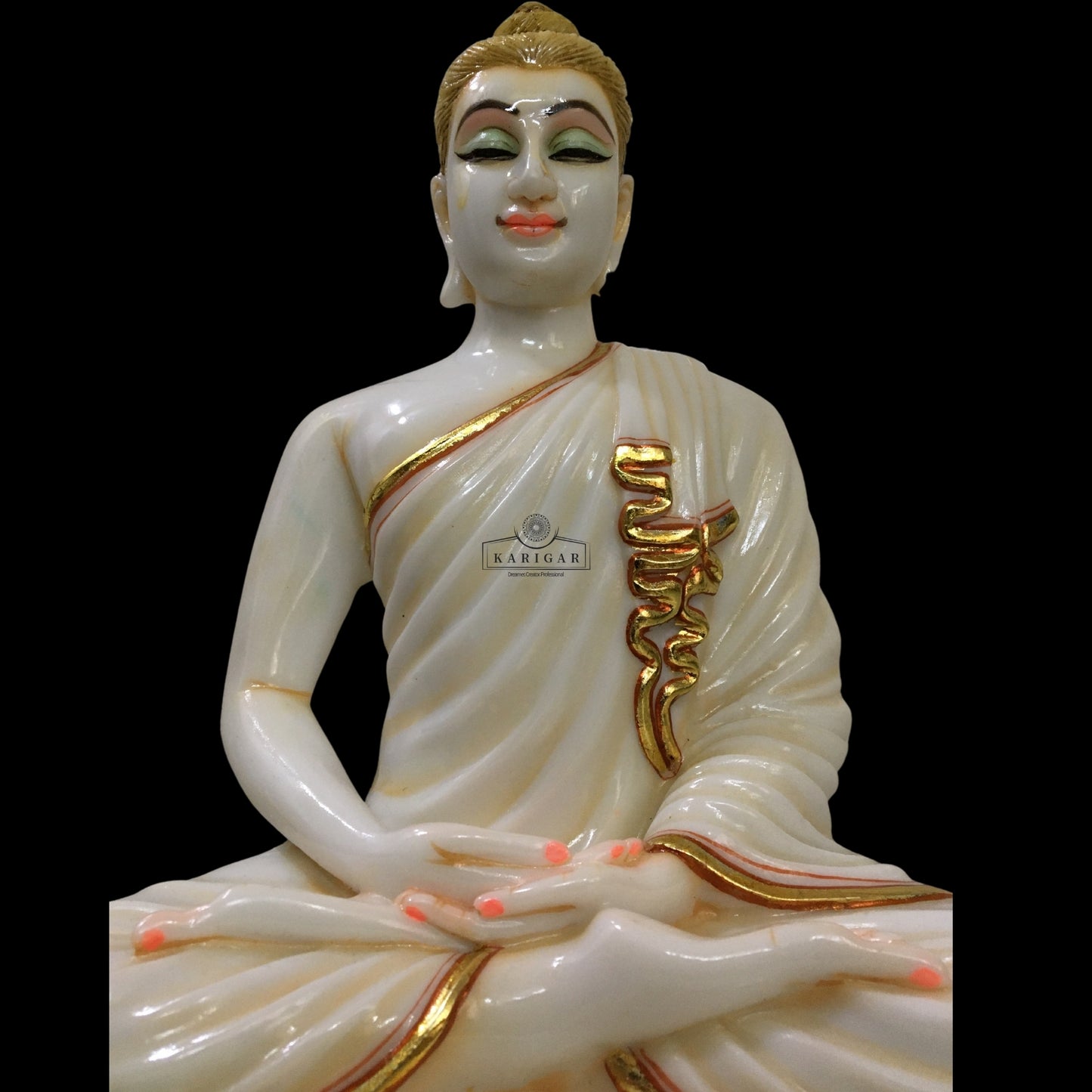 White Gold Marble Buddha Statue Meditating on Round Lotus Flower 12''