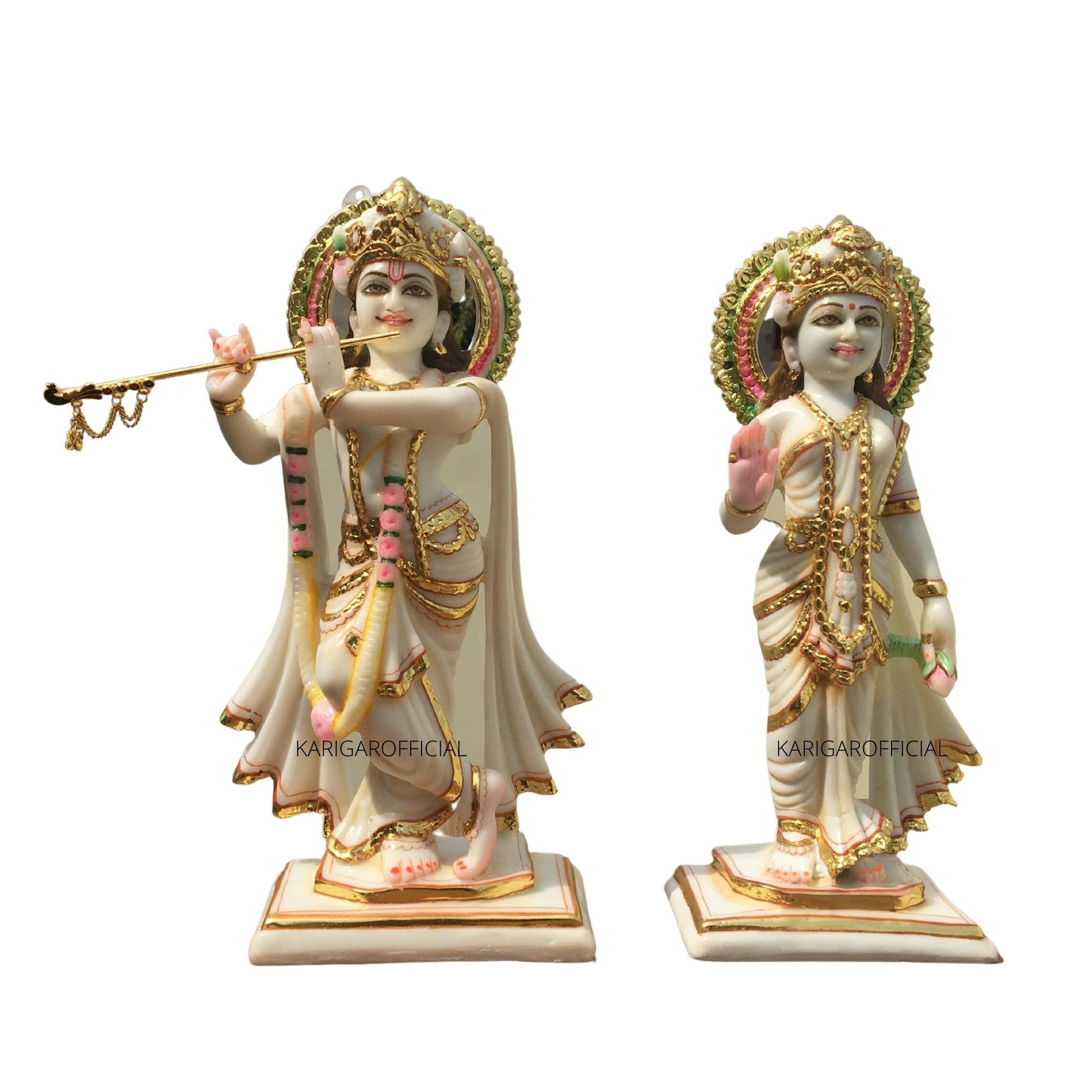 Radha Krishna Statue, Hindu Divine Couple Handpainted Murti, Large 12 inches White Marble Gold Leaf Work Religious idol, Home Temple Decoration Wedding Housewarming Anniversary Gifts Sculpture