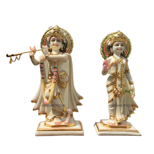 Estatua de Radha Krishna, pareja divina hindú Murti pintada a mano, grande de 12.0 in de mármol blanco con hoja de oro, ídolo religioso, decoración del templo del hogar, boda, inauguración de la casa, regalos de aniversario, escultura