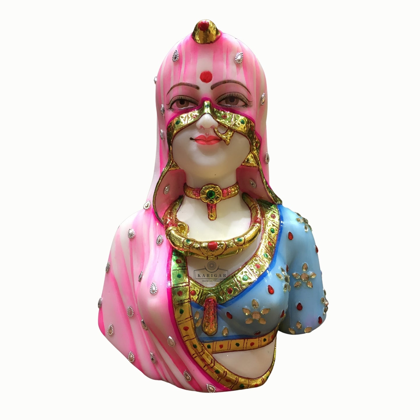 Estatua de busto de Bani Thani, Murti grande de 9.0 in, escultura de mármol del busto indio de Mona Lisa, busto tradicional de mujer india, figura de ropa de joyería multicolor, regalos para decoración de oficina en el hogar (rosa) 