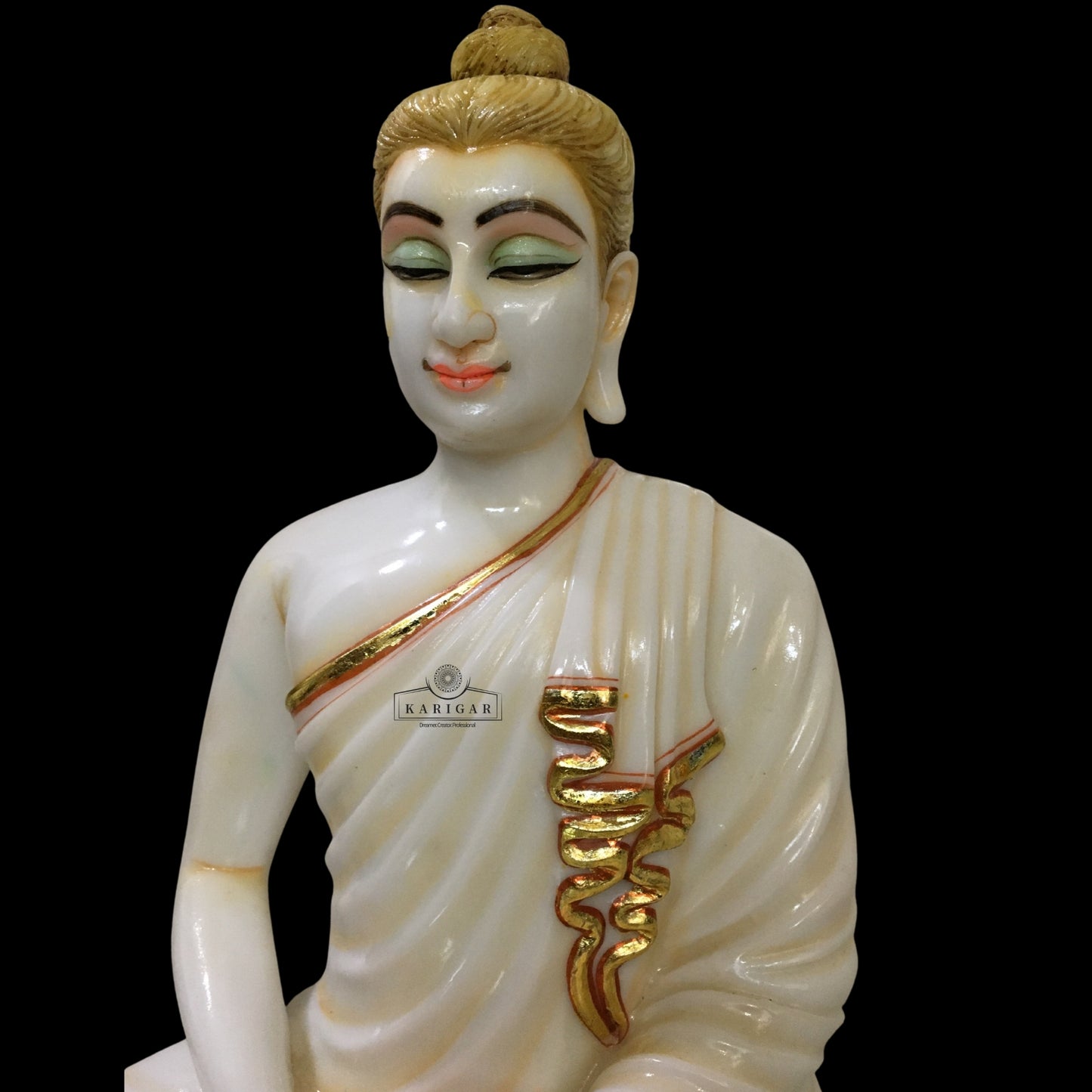 White Gold Marble Buddha Statue Meditating on Round Lotus Flower 12''