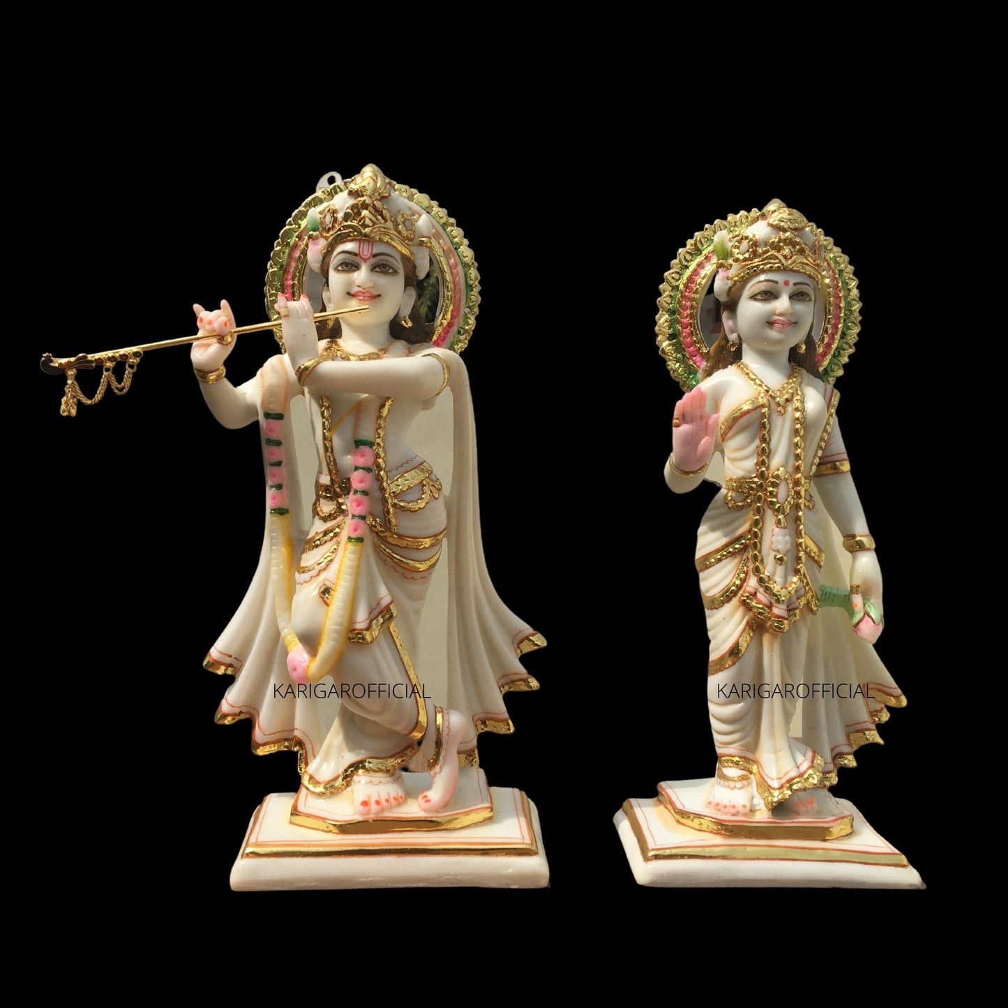 Radha Krishna Statue, Hindu Divine Couple Handpainted Murti, Large 12 inches White Marble Gold Leaf Work Religious idol, Home Temple Decoration Wedding Housewarming Anniversary Gifts Sculpture