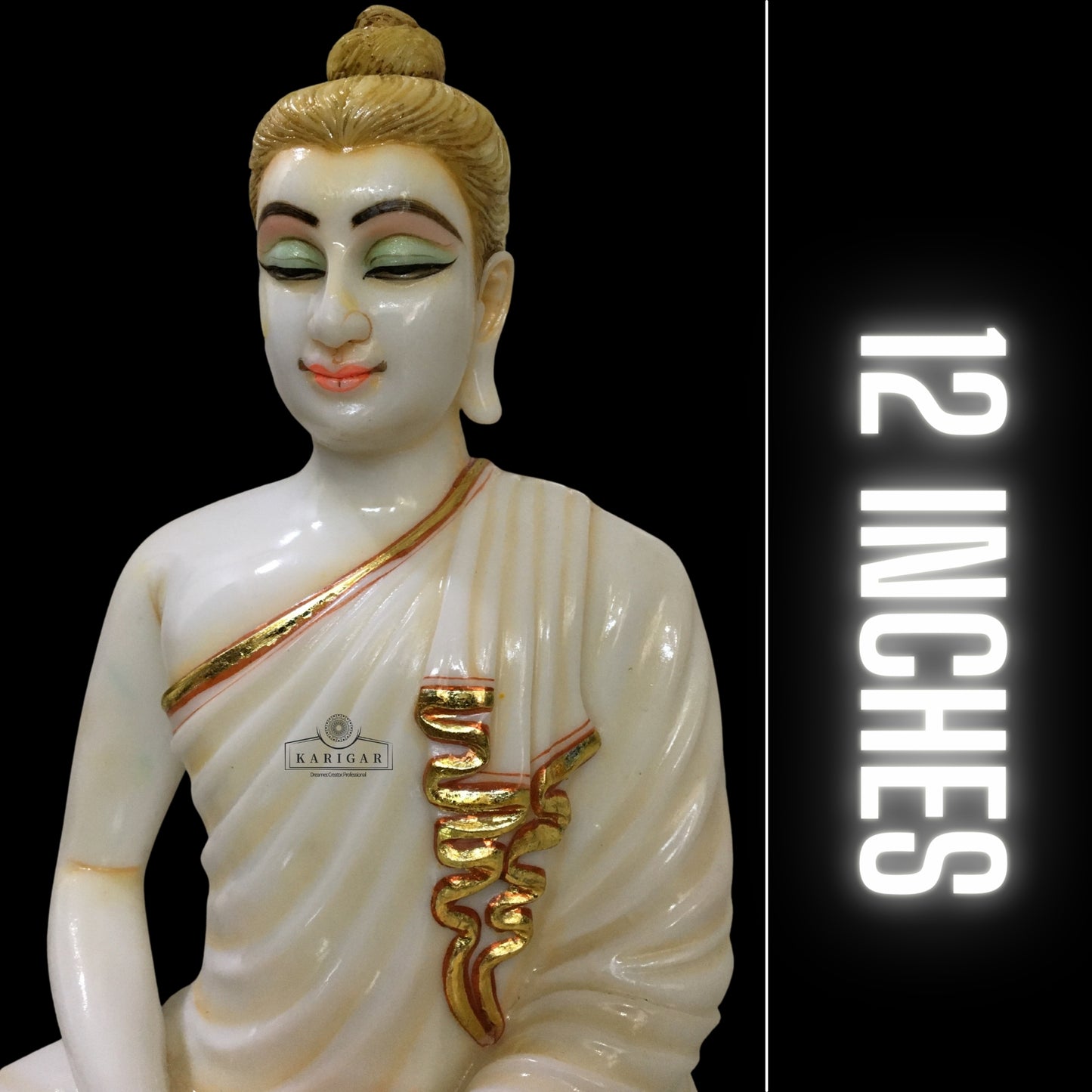 White Gold Marble Buddha Statue Meditating on Round Lotus Flower 12''