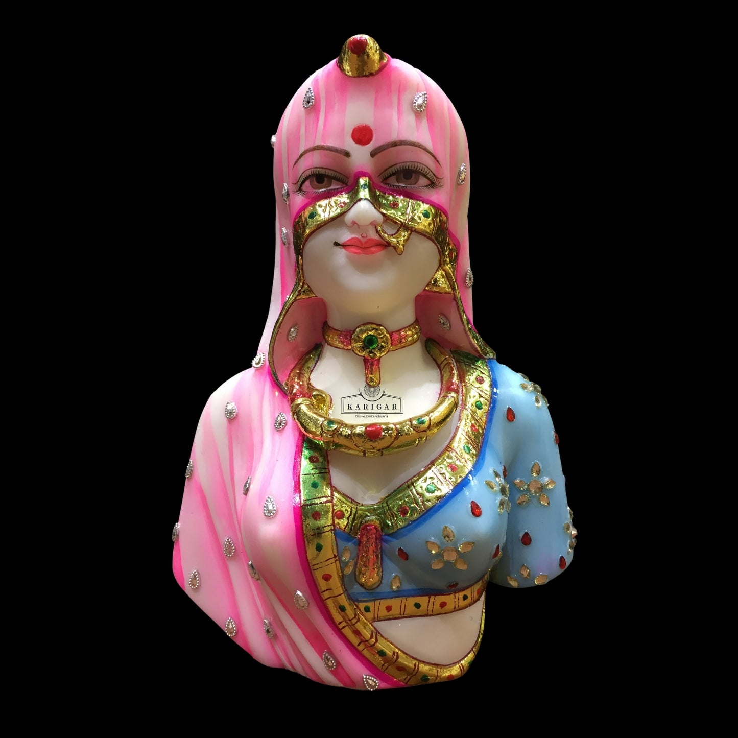 Estatua de busto de Bani Thani, Murti grande de 9.0 in, escultura de mármol del busto indio de Mona Lisa, busto tradicional de mujer india, figura de ropa de joyería multicolor, regalos para decoración de oficina en el hogar (rosa) 