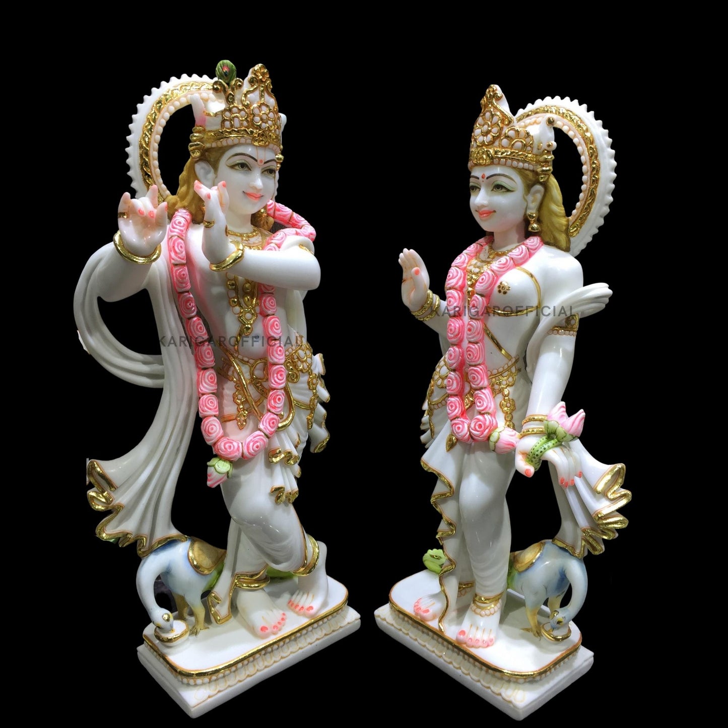 Radha Krishna Statue, Gold Leaf Work Figurine, Large 24 inches Marble Radha Krishna idol, Hindu Divine Couple Handpainted Murti, Home Temple Pooja Decoration, Wedding Housewarming Gifts Sculpture