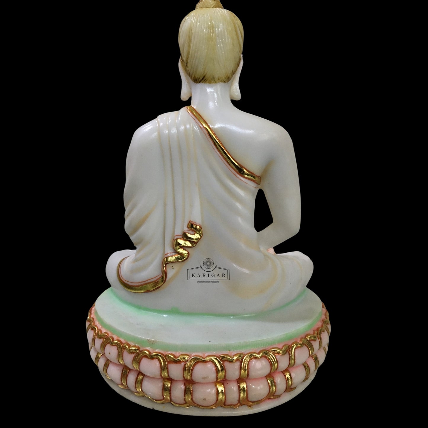 White Gold Marble Buddha Statue Meditating on Round Lotus Flower 12''