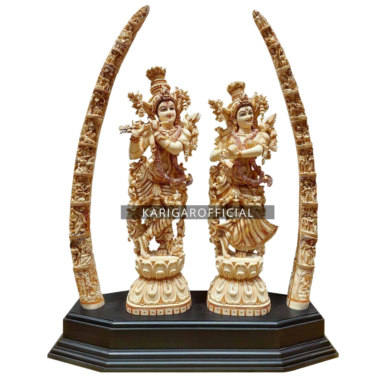 Radha Krishna statue With Tusk Large 30 inches Marble Radha Krishna idol With 39 inch Antique Finish Tusk Divine Couple Radha Krishna figurine Handpainted Special Wedding Housewarming Anniversary Gift