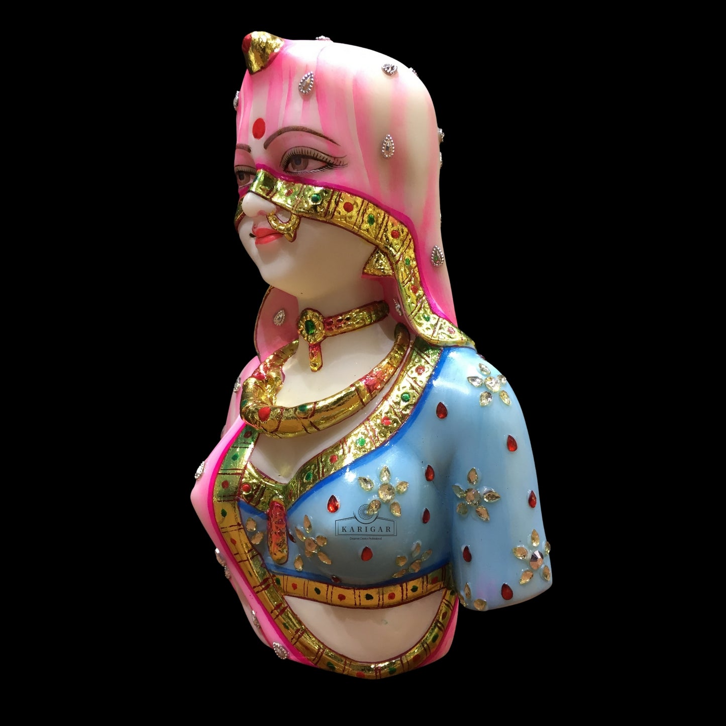 Estatua de busto de Bani Thani, Murti grande de 9.0 in, escultura de mármol del busto indio de Mona Lisa, busto tradicional de mujer india, figura de ropa de joyería multicolor, regalos para decoración de oficina en el hogar (rosa) 