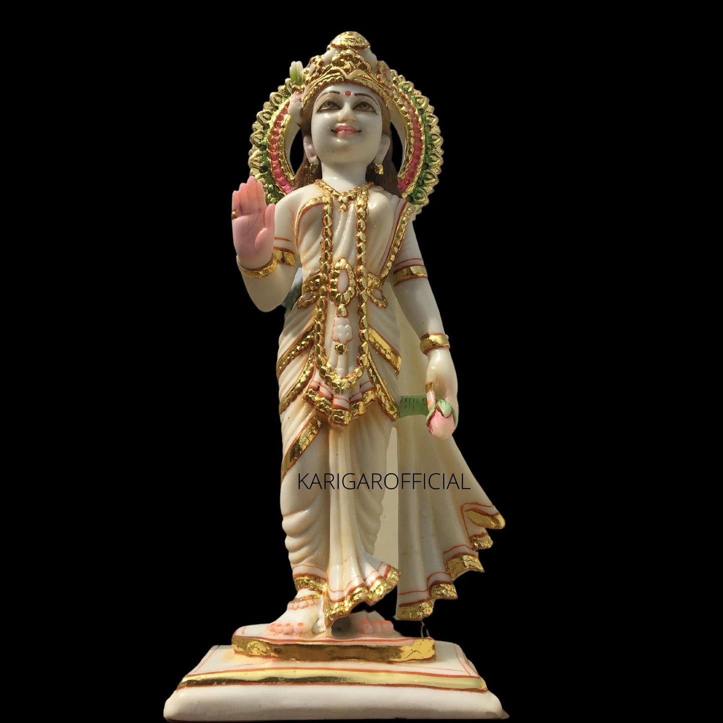 Radha Krishna Statue, Hindu Divine Couple Handpainted Murti, Large 12 inches White Marble Gold Leaf Work Religious idol, Home Temple Decoration Wedding Housewarming Anniversary Gifts Sculpture