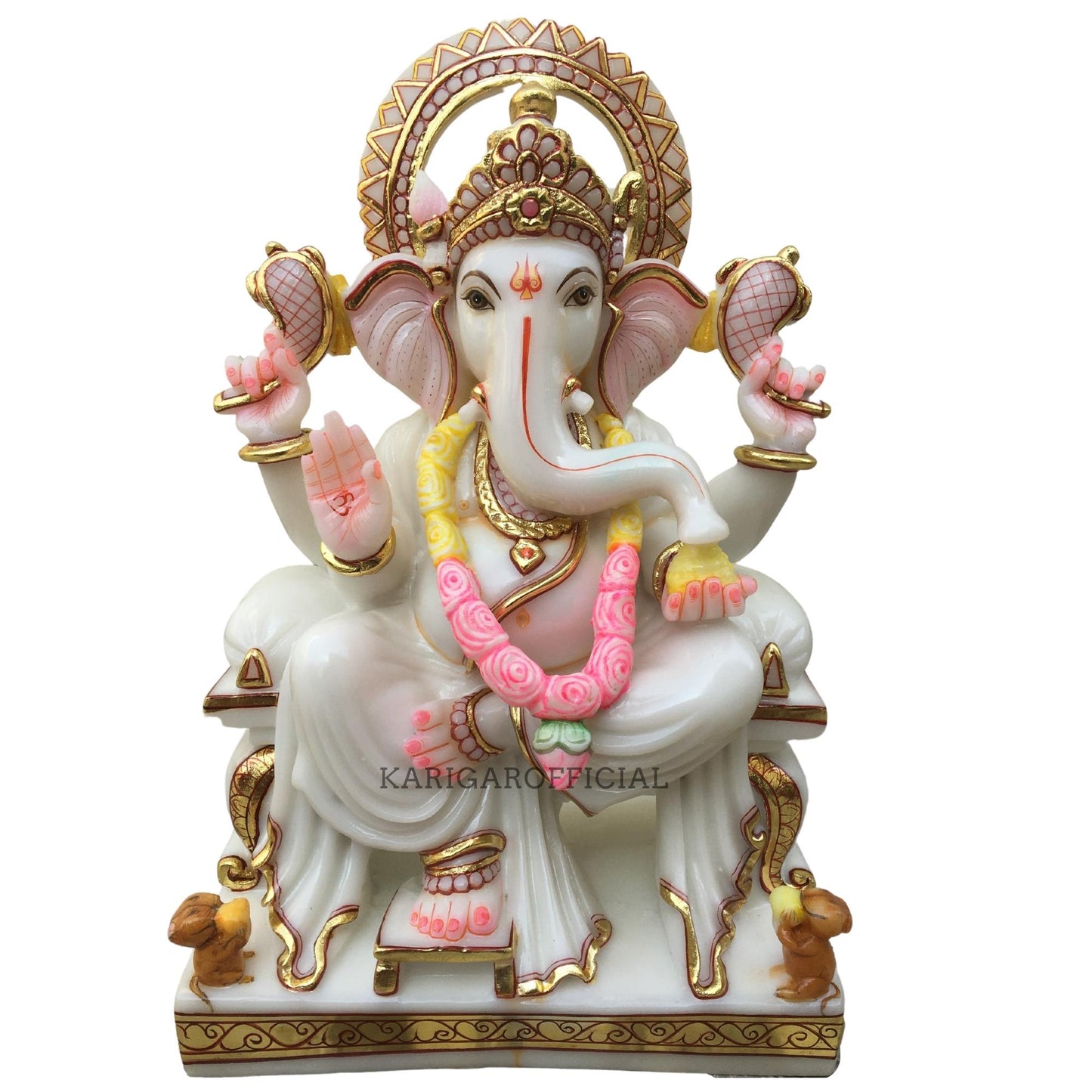 White Pink Garland Ganesha Statue Big 18'' Marble Hindu Elephant God