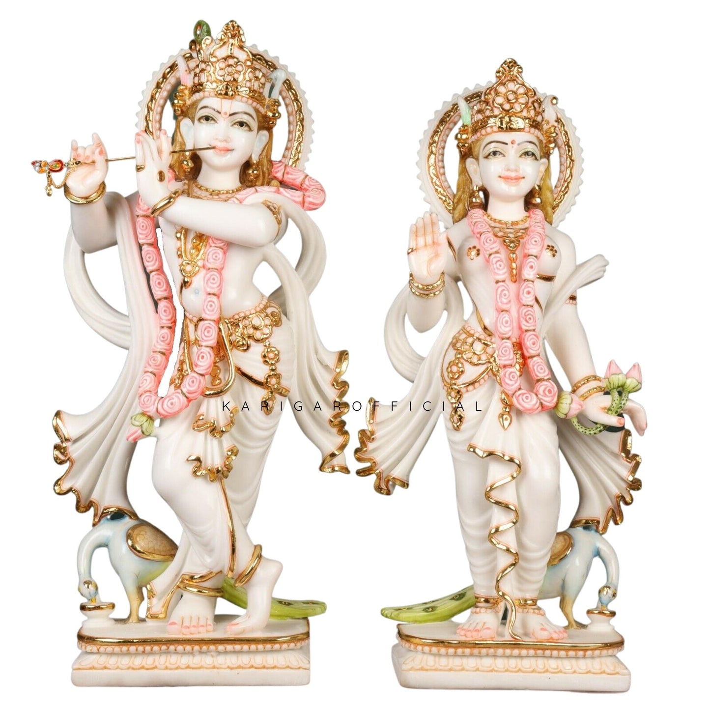 Radha Krishna Statue Standing With Peacock, Large 24 inches Murti in Royal Gold Leaf Work, White Golden Pink Accents Marble RadhaKrishna idol, Hindu Divine Couple Home Temple Wedding Housewarming Gift