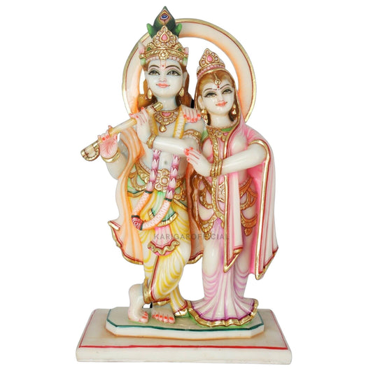 Radha Krishna Statue, Gold Leaf Work Figurine, Large 18 inches Marble Radha Krishna idol, Hindu Divine Couple Handpainted Murti, Home Temple Pooja Decoration, Wedding Housewarming Gifts Sculpture