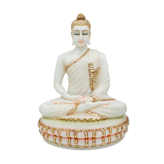 White Gold Marble Buddha Statue Meditating on Round Lotus Flower 12''