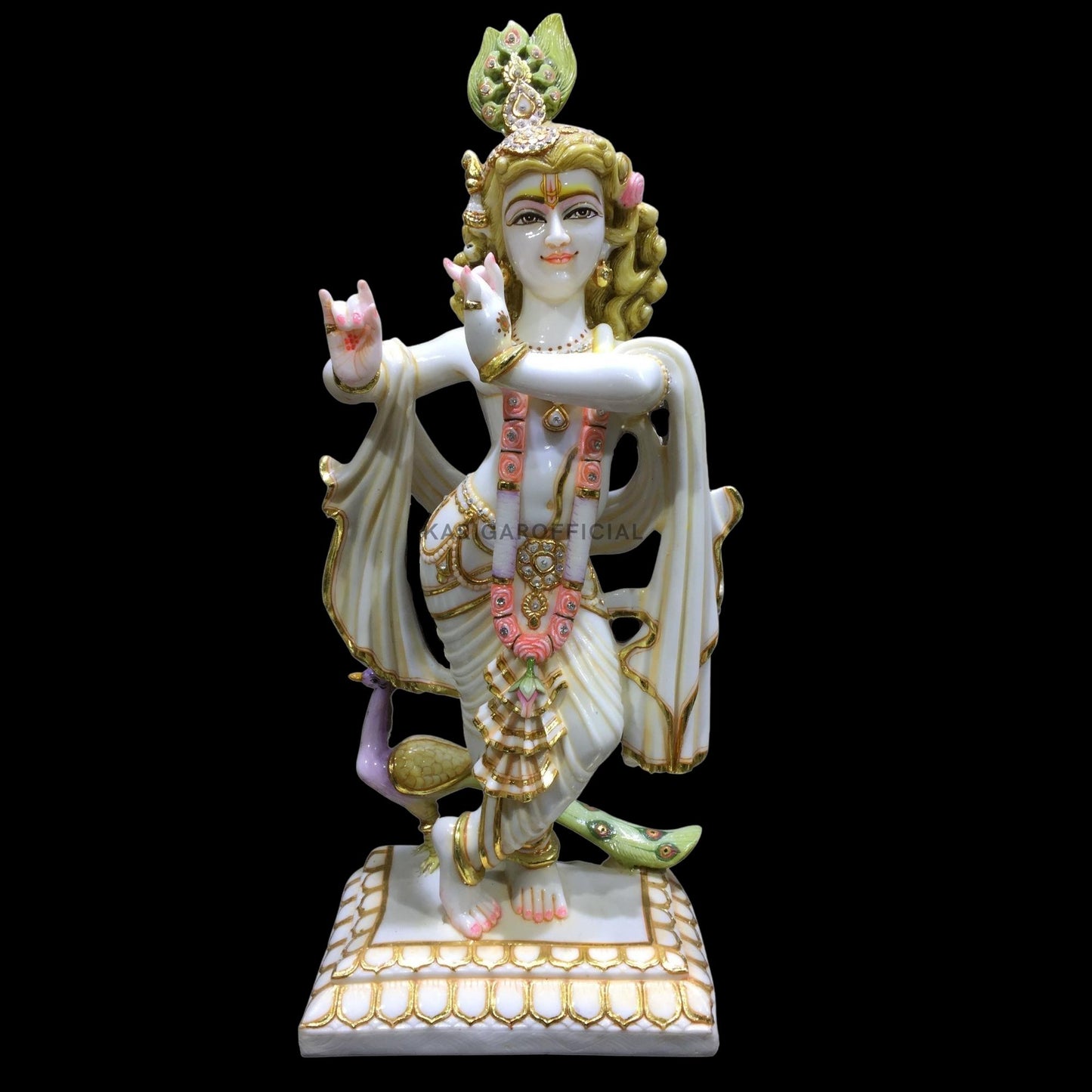 Krishna Statue, Large 24 inches Krishna Idol, Stone Jewelry Studded Marble Krishna Figurine, Hindu God Handpainted Murlimanohar Murti, Home Temple Pooja Housewarming Anniversary Gifts Sculpture