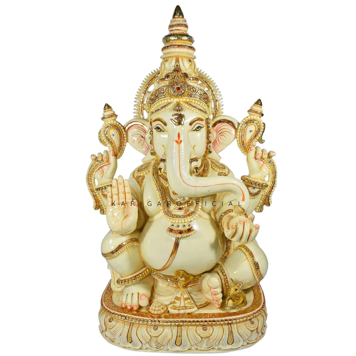 Ganesha Statue Murti, Large 18 inches Yellow Golden Ganpati, Hindu Religious Prosperity God, Good Luck Elephant, Marble Ganapati Idol, Vinayak Deity Home Temple Sculpture, Office Housewarming Gifts