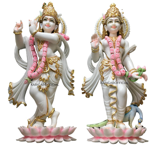 Radha Krishna Statue Standing on Lotus Flowers, Large 24 inches Murti in Gold Leaf Work White Gold Pink Accents Marble Radha Krishna idol, Hindu Divine Couple, Home Temple Wedding Housewarming Gifts