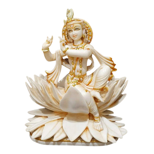 Estatua de Krishna Murti de 9.0 in de mármol dorado ídolo de Krishna Divino Krishna sentado en la estatua de flor de loto Krishna estatuilla pintada a mano Krishna Murti Lotus Krishna Narayana estatua decoración del hogar regalos escultura