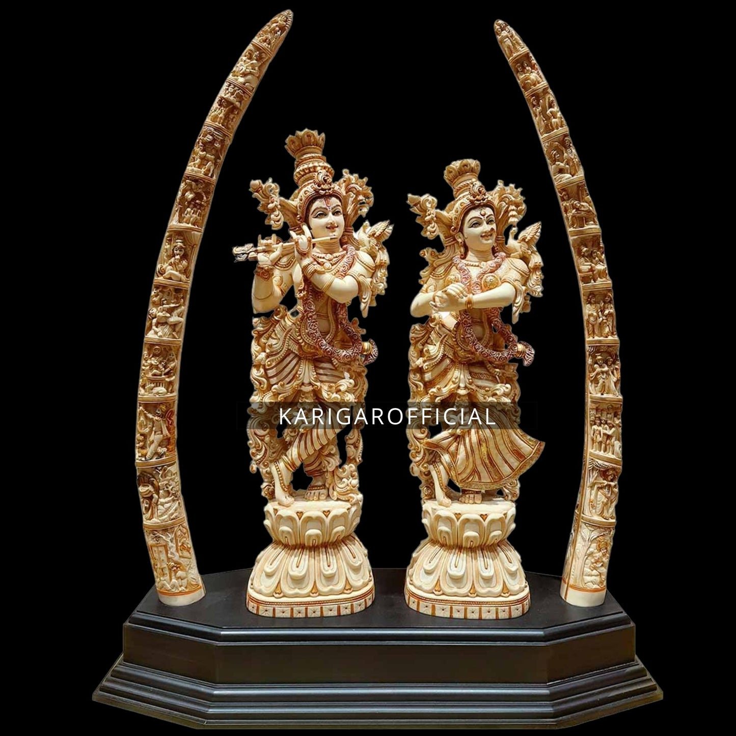 Radha Krishna statue With Tusk Large 30 inches Marble Radha Krishna idol With 39 inch Antique Finish Tusk Divine Couple Radha Krishna figurine Handpainted Special Wedding Housewarming Anniversary Gift