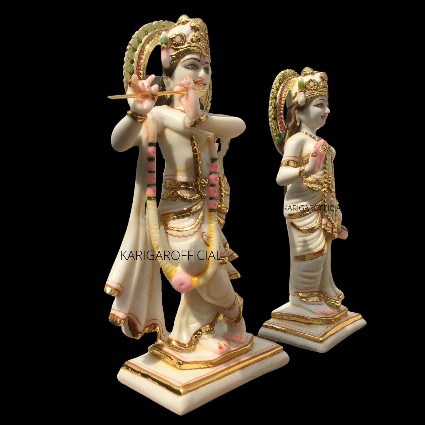 Estatua de Radha Krishna, pareja divina hindú Murti pintada a mano, grande de 12.0 in de mármol blanco con hoja de oro, ídolo religioso, decoración del templo del hogar, boda, inauguración de la casa, regalos de aniversario, escultura