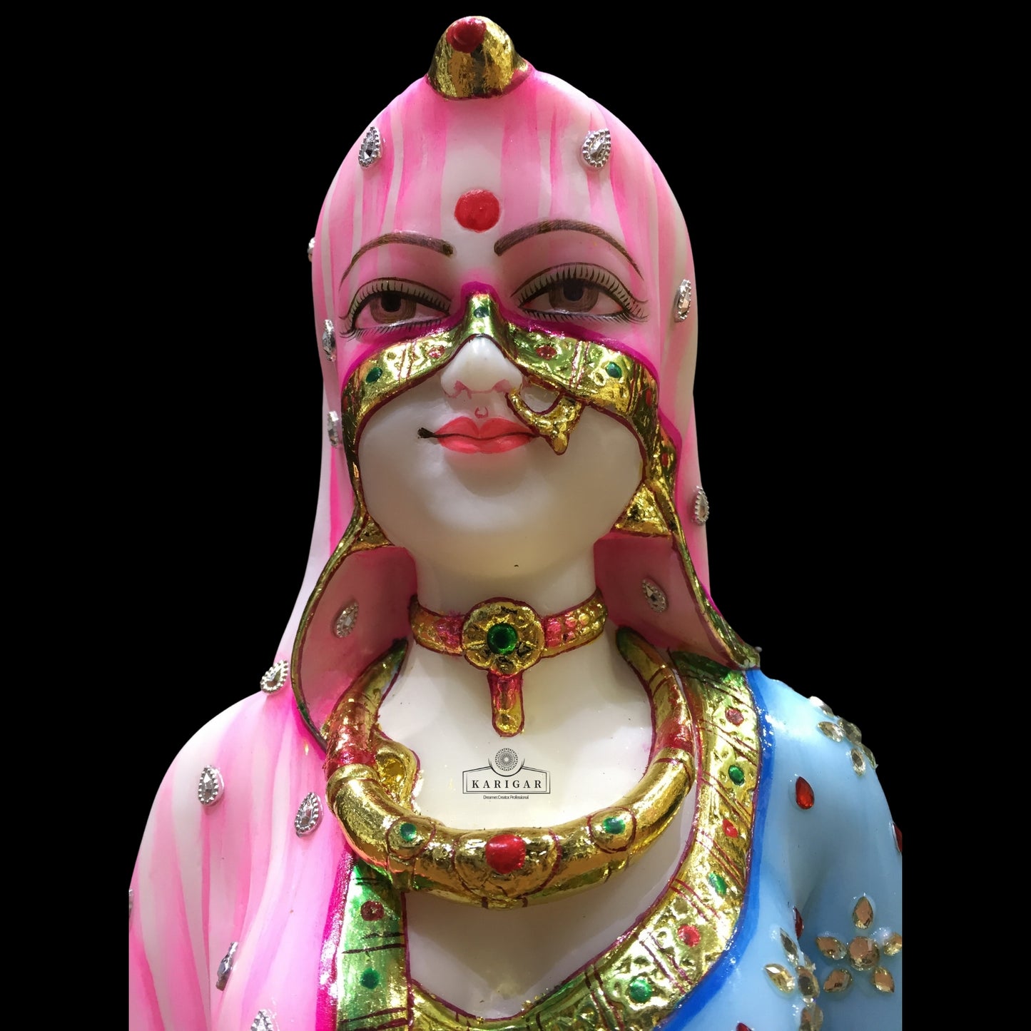 Estatua de busto de Bani Thani, Murti grande de 9.0 in, escultura de mármol del busto indio de Mona Lisa, busto tradicional de mujer india, figura de ropa de joyería multicolor, regalos para decoración de oficina en el hogar (rosa) 