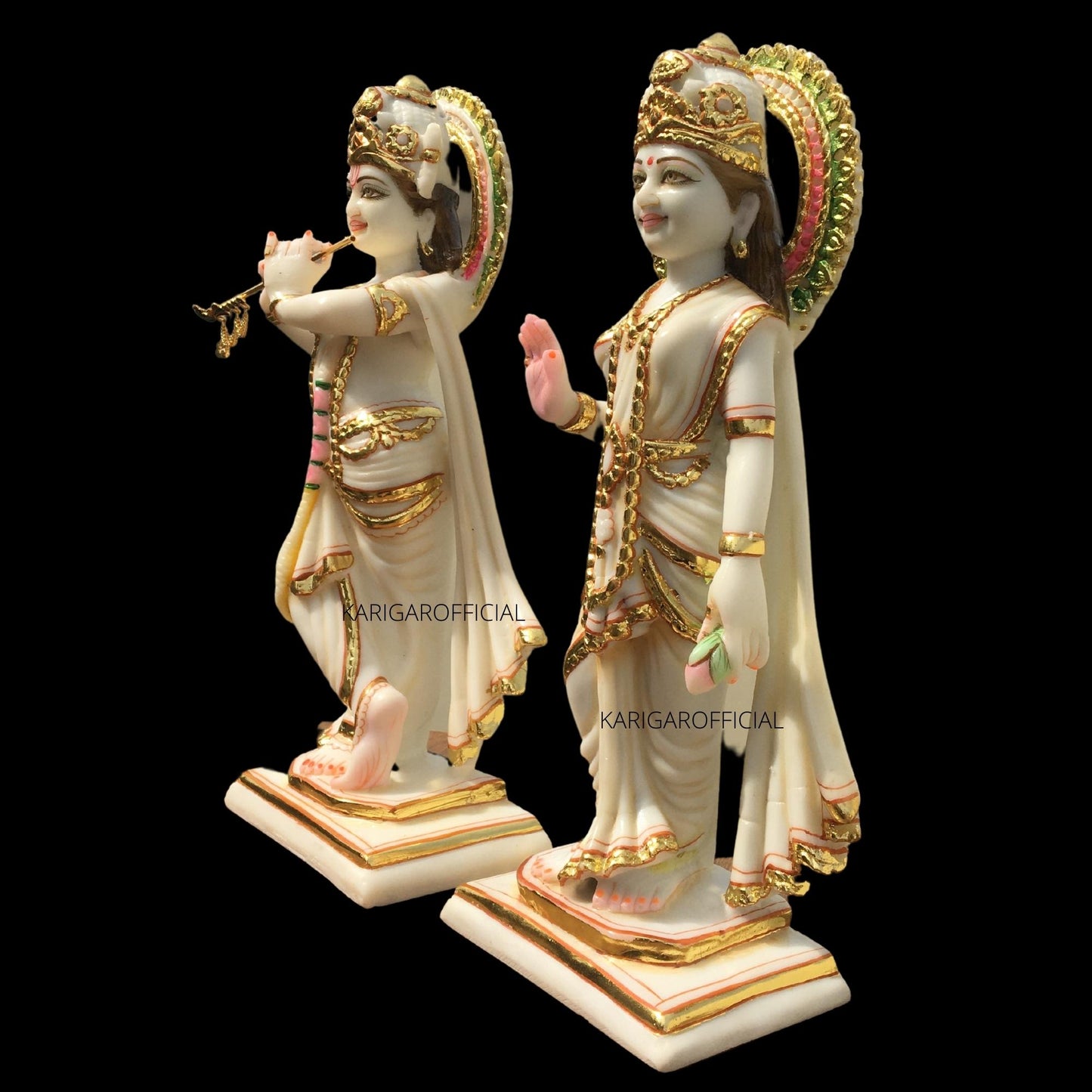 Radha Krishna Statue, Hindu Divine Couple Handpainted Murti, Large 12 inches White Marble Gold Leaf Work Religious idol, Home Temple Decoration Wedding Housewarming Anniversary Gifts Sculpture