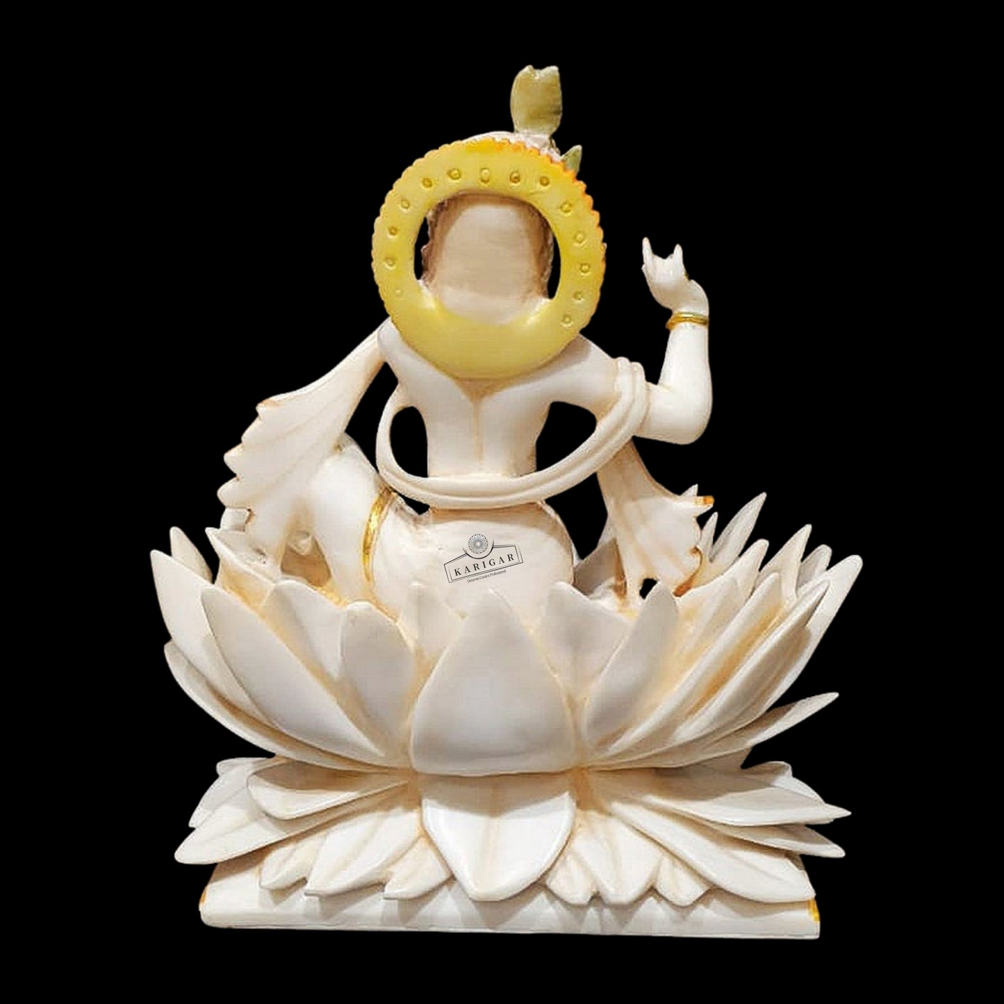 Estatua de Krishna Murti de 9.0 in de mármol dorado ídolo de Krishna Divino Krishna sentado en la estatua de flor de loto Krishna estatuilla pintada a mano Krishna Murti Lotus Krishna Narayana estatua decoración del hogar regalos escultura