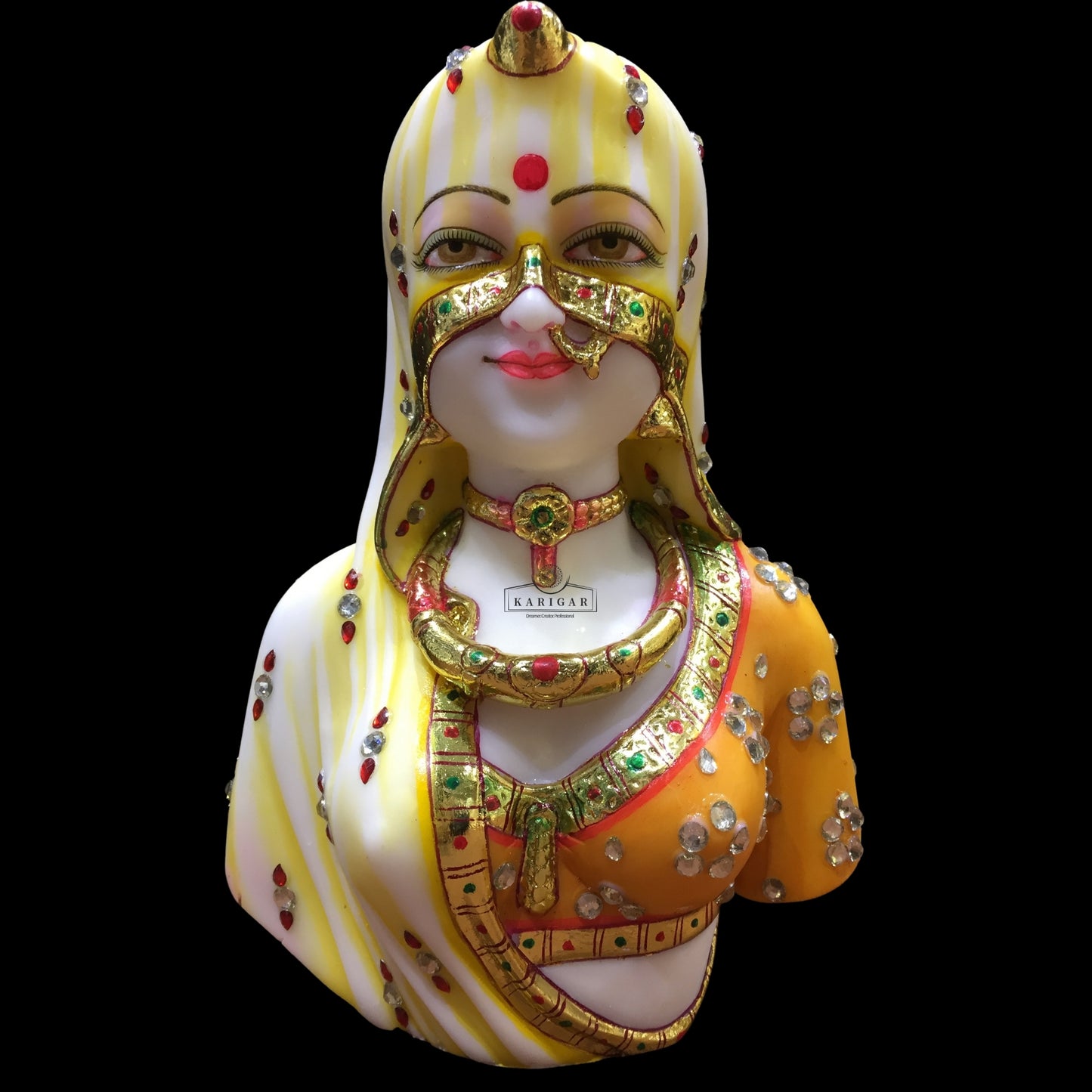Estatua de busto de Bani Thani, Murti grande de 9.0 in, escultura de mármol del busto indio de Mona Lisa, busto tradicional de mujer india, figura de ropa de joyería multicolor, regalos para decoración del hogar y la oficina (naranja) 