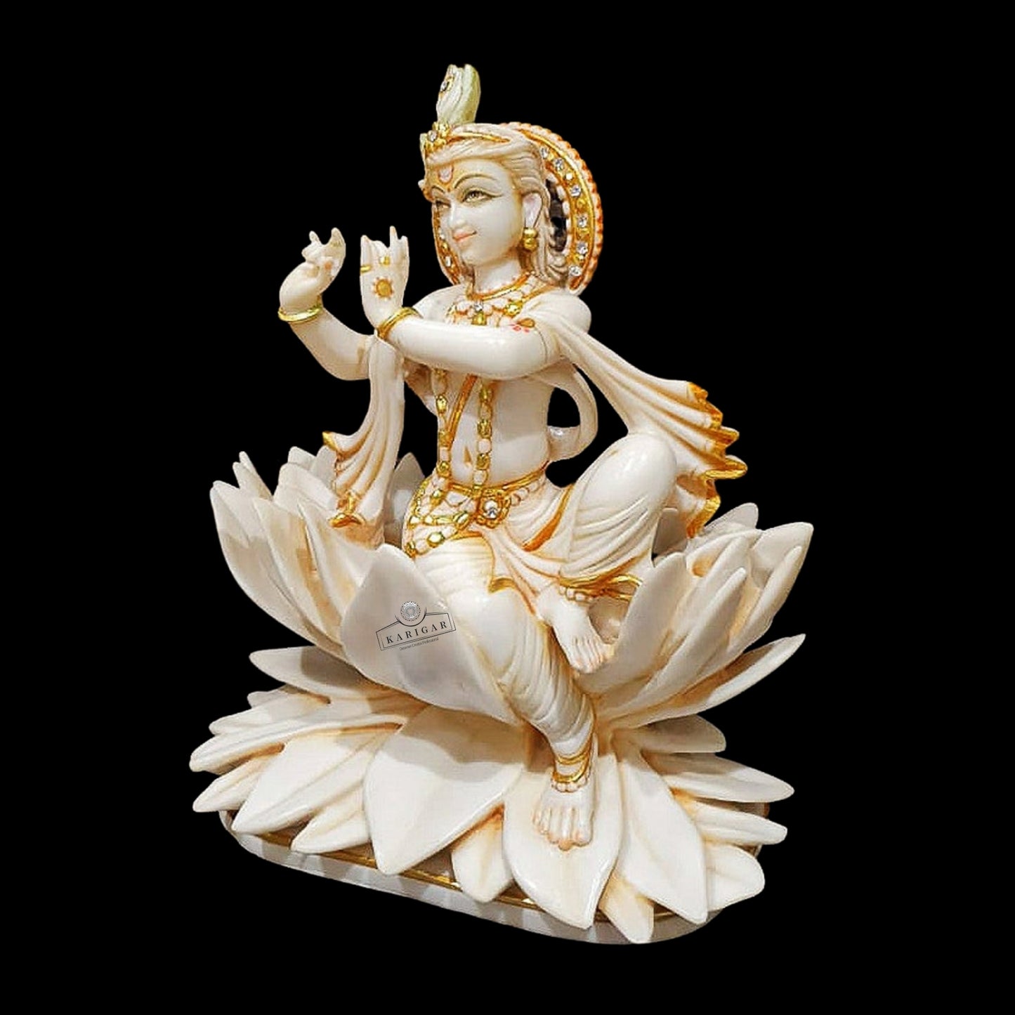 Estatua de Krishna Murti de 9.0 in de mármol dorado ídolo de Krishna Divino Krishna sentado en la estatua de flor de loto Krishna estatuilla pintada a mano Krishna Murti Lotus Krishna Narayana estatua decoración del hogar regalos escultura