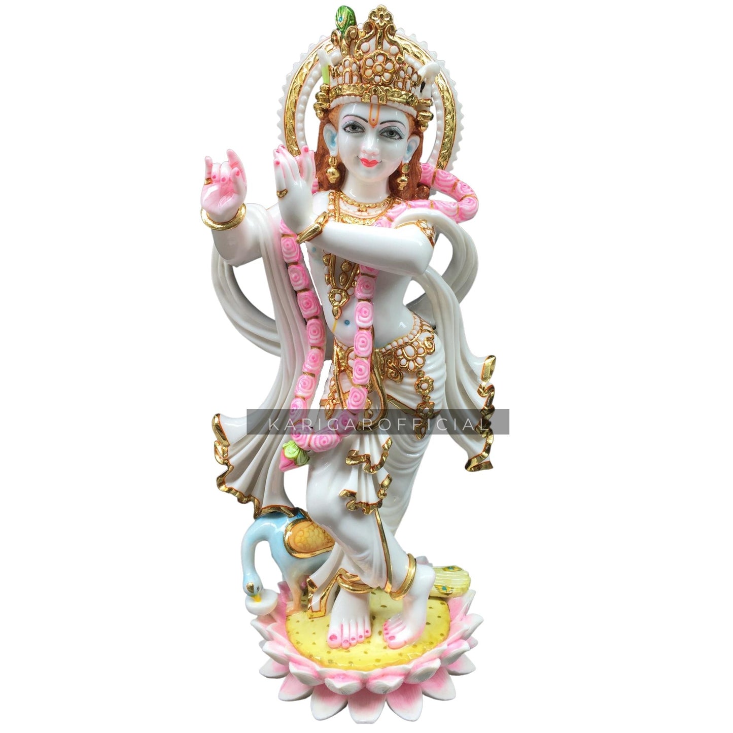 Estatua de Krishna Murti grande de 24.0 in Krishna Idol oro blanco rosa acento Krishna figura, dios hindú pintado a mano Murlimanohar Murti Home Temple Pooja escultura perfecta inauguración de la casa regalos de aniversario