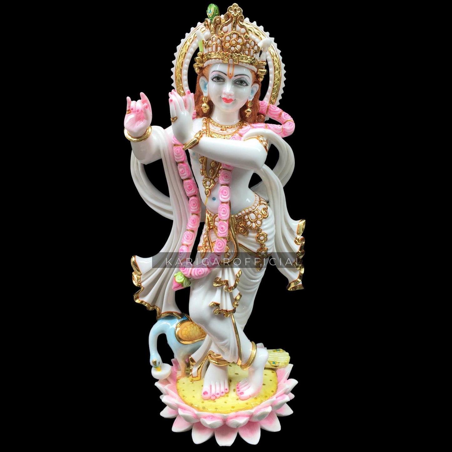 Estatua de Krishna Murti grande de 24.0 in Krishna Idol oro blanco rosa acento Krishna figura, dios hindú pintado a mano Murlimanohar Murti Home Temple Pooja escultura perfecta inauguración de la casa regalos de aniversario