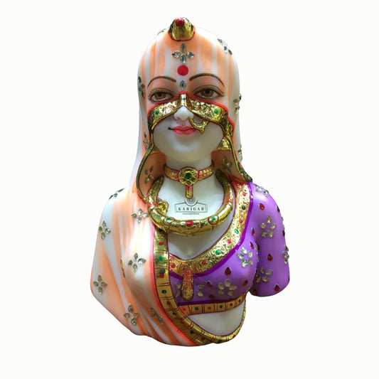 Estatua de busto de Bani Thani, Murti grande de 9.0 in, escultura de mármol del busto indio de Mona Lisa, busto tradicional de mujer india, figura de ropa de joyería multicolor, regalos para decoración del hogar y la oficina (púrpura) 