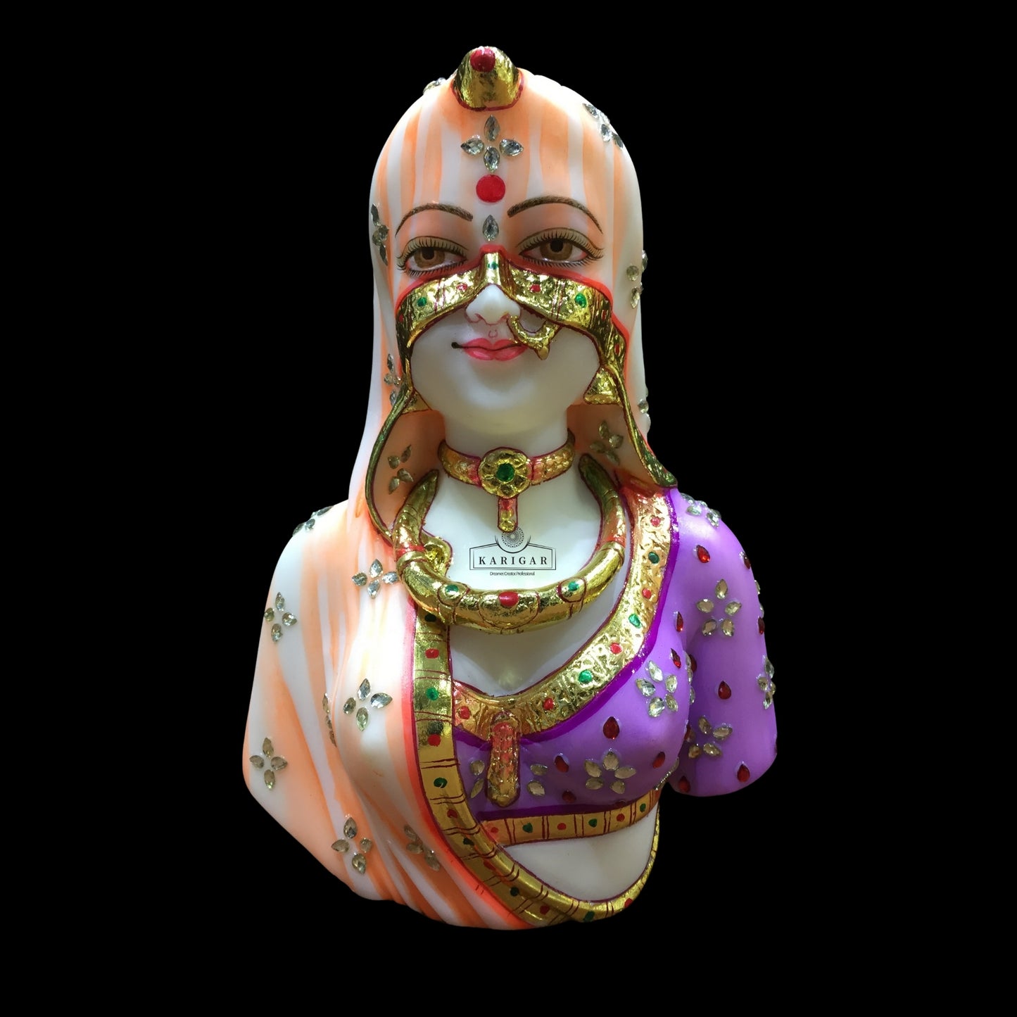 Estatua de busto de Bani Thani, Murti grande de 9.0 in, escultura de mármol del busto indio de Mona Lisa, busto tradicional de mujer india, figura de ropa de joyería multicolor, regalos para decoración del hogar y la oficina (púrpura) 