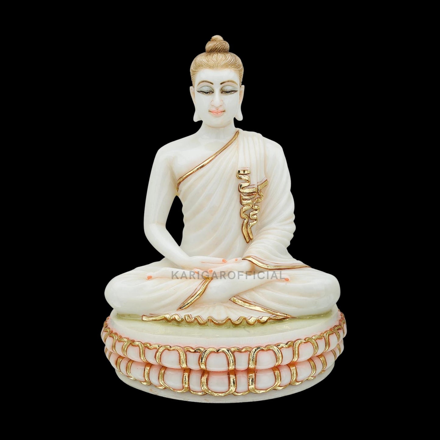 Estatua de Buda de mármol de oro blanco meditando en una flor de loto redonda de 30,5 cm 