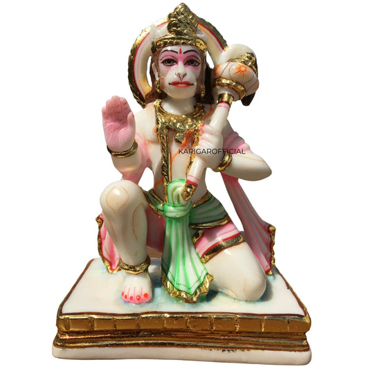 Hanuman Statue, Multicolor 8 inches Hand Painted Marble Blessing Bajrang Bali Figurine, Natural Powerlifter Hindu Monkey god of Devotion, Strength, Bhakti, Perfect for Small Home Temple Decoration