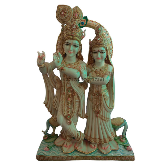 Radha Krishna Statue, Large 60 inches Special Gold leaf Work Radha Krishna Marble Murti, Divine Hindu Couple Handpainted Radha Krishna Idol, Home Temple Pooja Housewarming Anniversary Gifts Sculpture