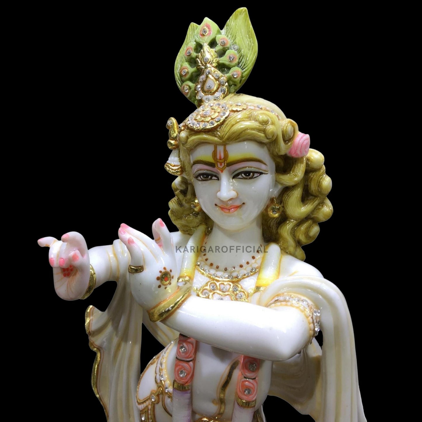 Krishna Statue, Large 24 inches Krishna Idol, Stone Jewelry Studded Marble Krishna Figurine, Hindu God Handpainted Murlimanohar Murti, Home Temple Pooja Housewarming Anniversary Gifts Sculpture