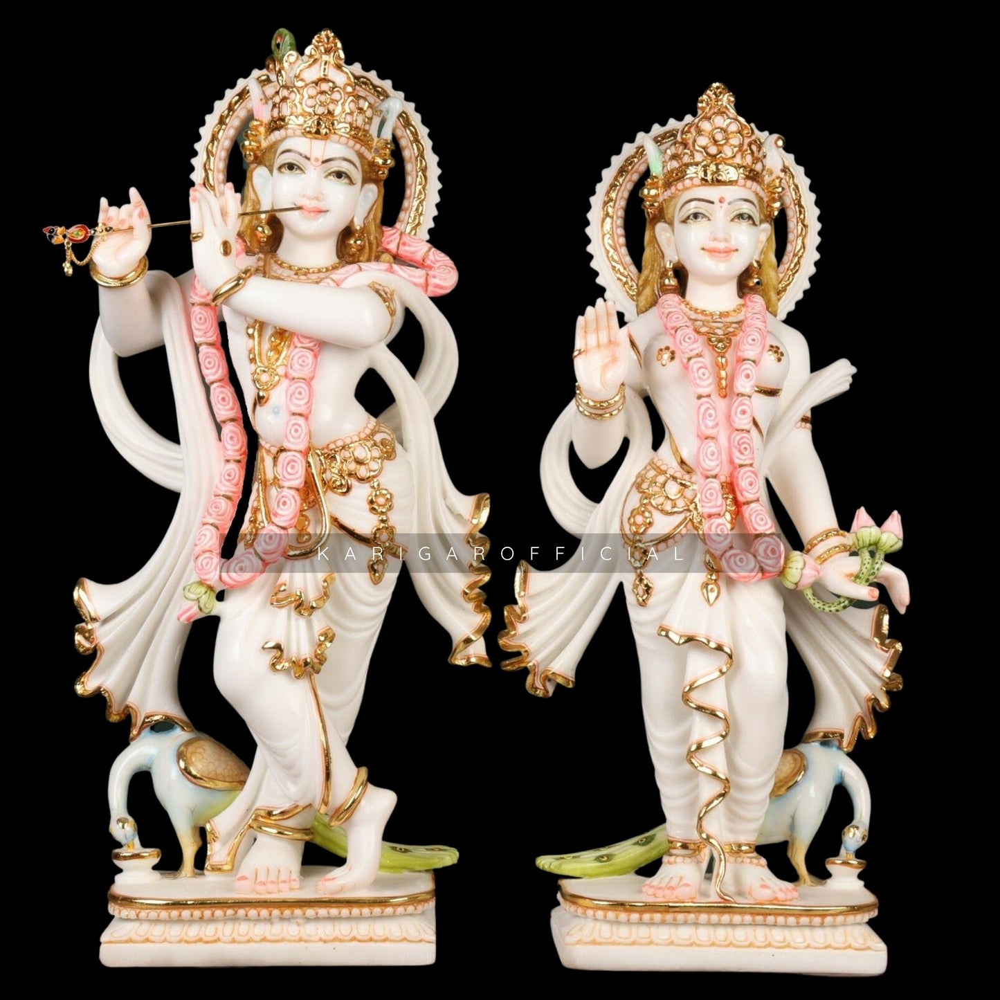 Estatua de Radha Krishna de pie con pavo real, Murti grande de 24 pulgadas en trabajo de hoja de oro real, detalles en rosa dorado blanco ídolo de RadhaKrishna de mármol, pareja divina hindú en el templo del hogar regalo de inauguración de la boda