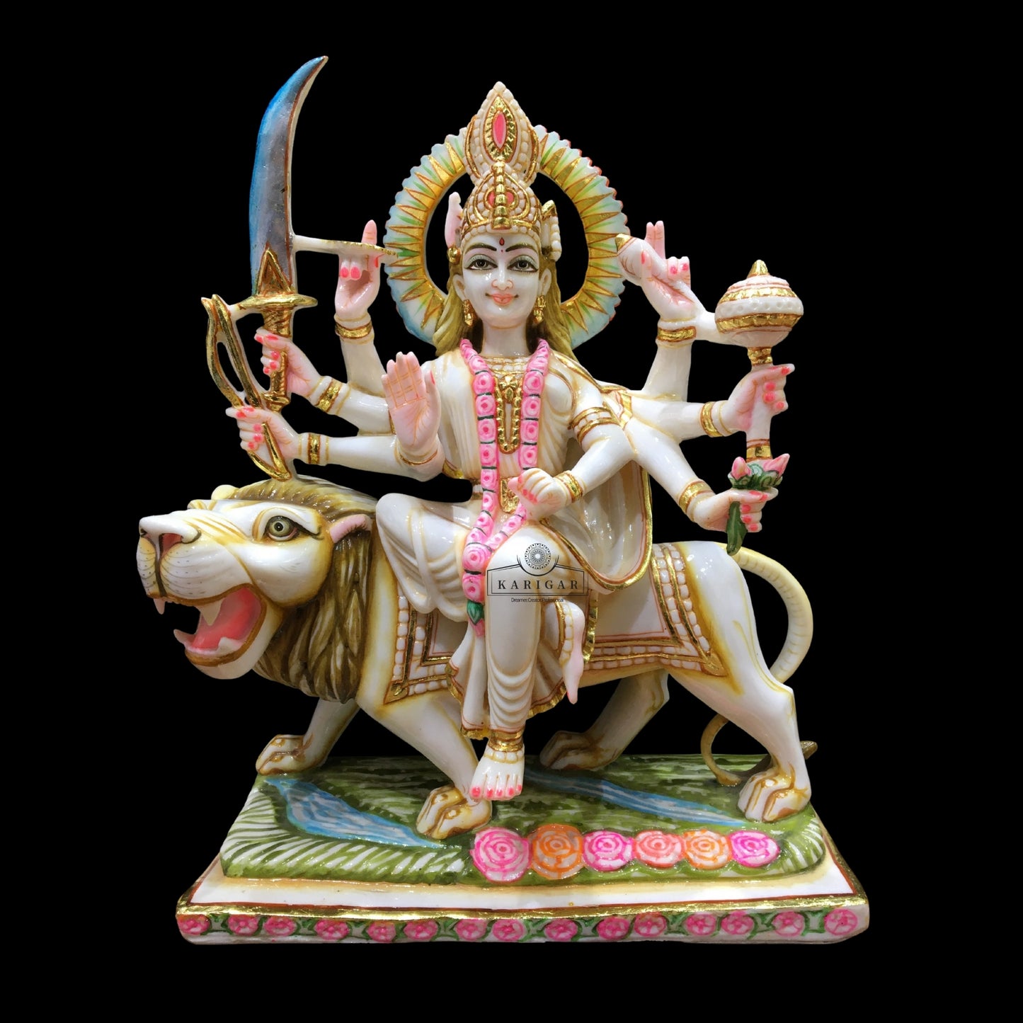 Estatua de Durga de 18.0 in de mármol grande Murti Shaila Putri Kali Escultura Durga con figuras de león Diosa hindú de la fuerza Amba Estatua para Navratri Puja Maa Sherawali Adi Shakti Decoración del templo indio