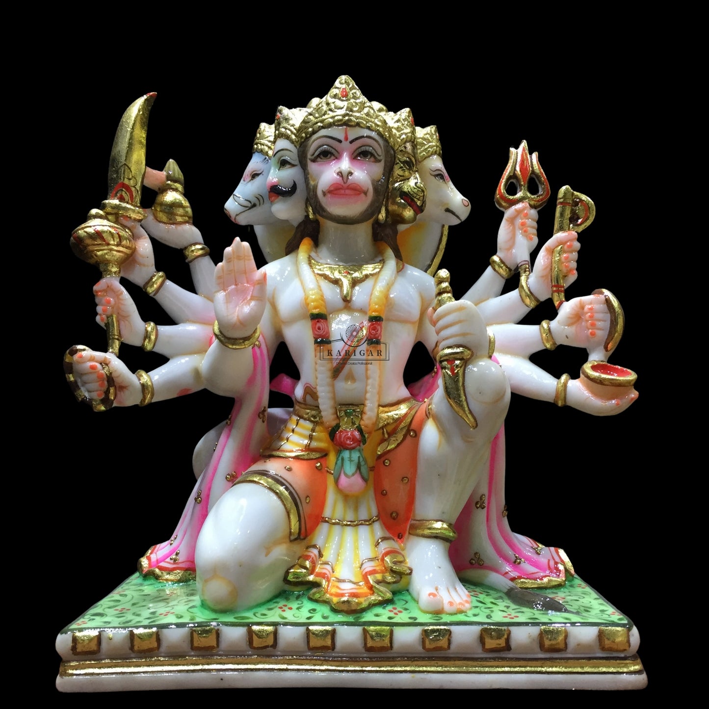 Hanuman Statue Murti 12 inches Large Gold Leaf Panchmukhi Hanuman Marble Blessing 5 Faces Hanuman Figurine Hanuman Hindu Monkey god of Devotion Power Energy Celibacy Bhakti Home Temple Gifts Sculpture