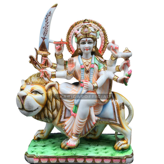 Durga Statue Murti Large 12 inches Marble Murti Calm Maa Durga Sitting on Lion Figurine Hindu Goddess of Strength Amba Statue for Navratri Puja Maa Sherawali Adi Shakti Idol Indian Home Temple Decor