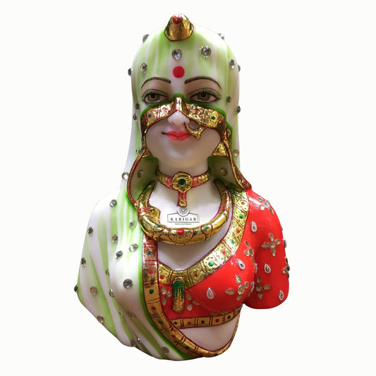 Estatua de busto de Bani Thani, Murti grande de 9.0 in, escultura de mármol del busto indio de Mona Lisa, busto tradicional de mujer india, figura de ropa de joyería multicolor, regalos para decoración del hogar y la oficina (rojo) 