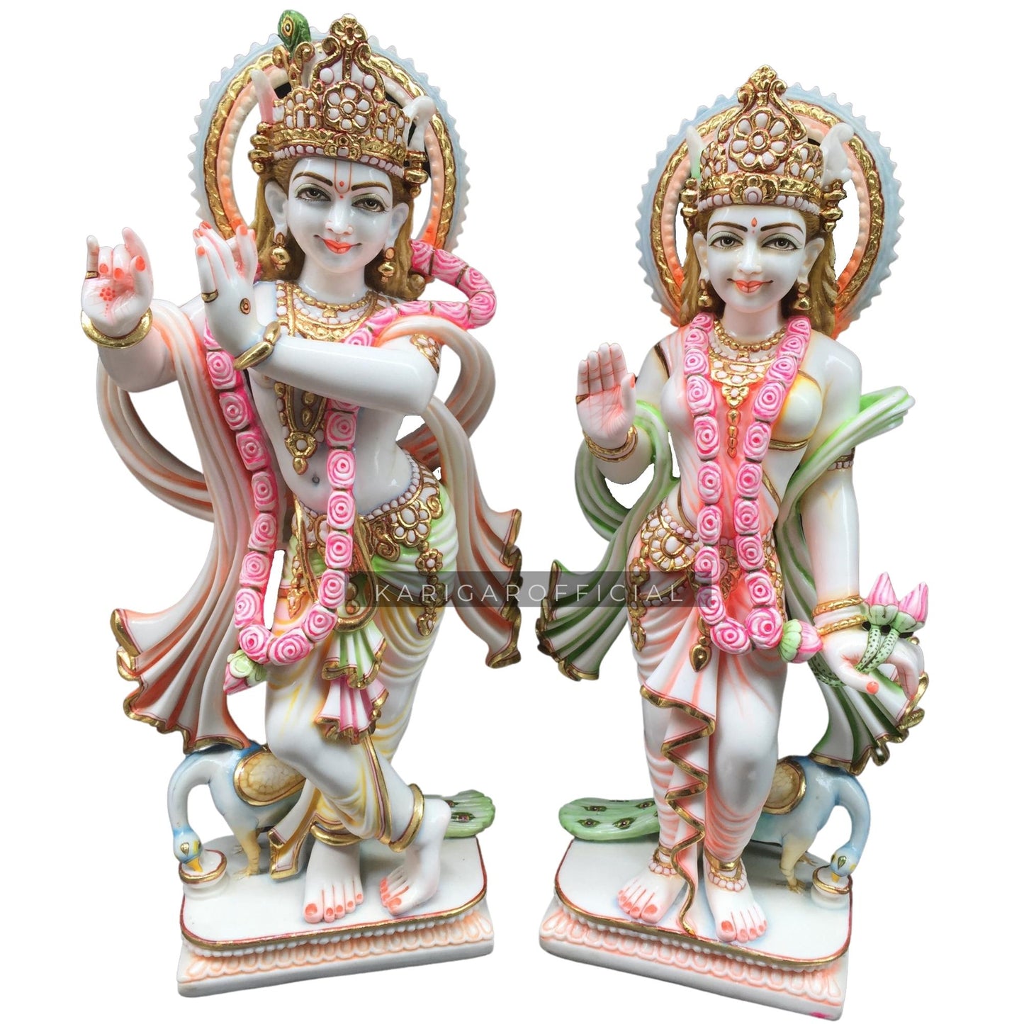 Radha Krishna Statue Murti Large 24 inches Murti in Royal Gold Leaf Work White Golden Pink Green Accents Marble RadhaKrishna idol Hindu Divine Love Couple Perfect Home Temple Wedding Housewarming Gift