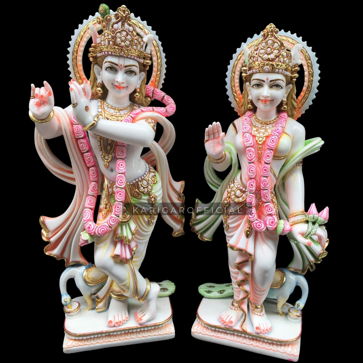 Radha Krishna Statue Murti Large 24 inches Murti in Royal Gold Leaf Work White Golden Pink Green Accents Marble RadhaKrishna idol Hindu Divine Love Couple Perfect Home Temple Wedding Housewarming Gift