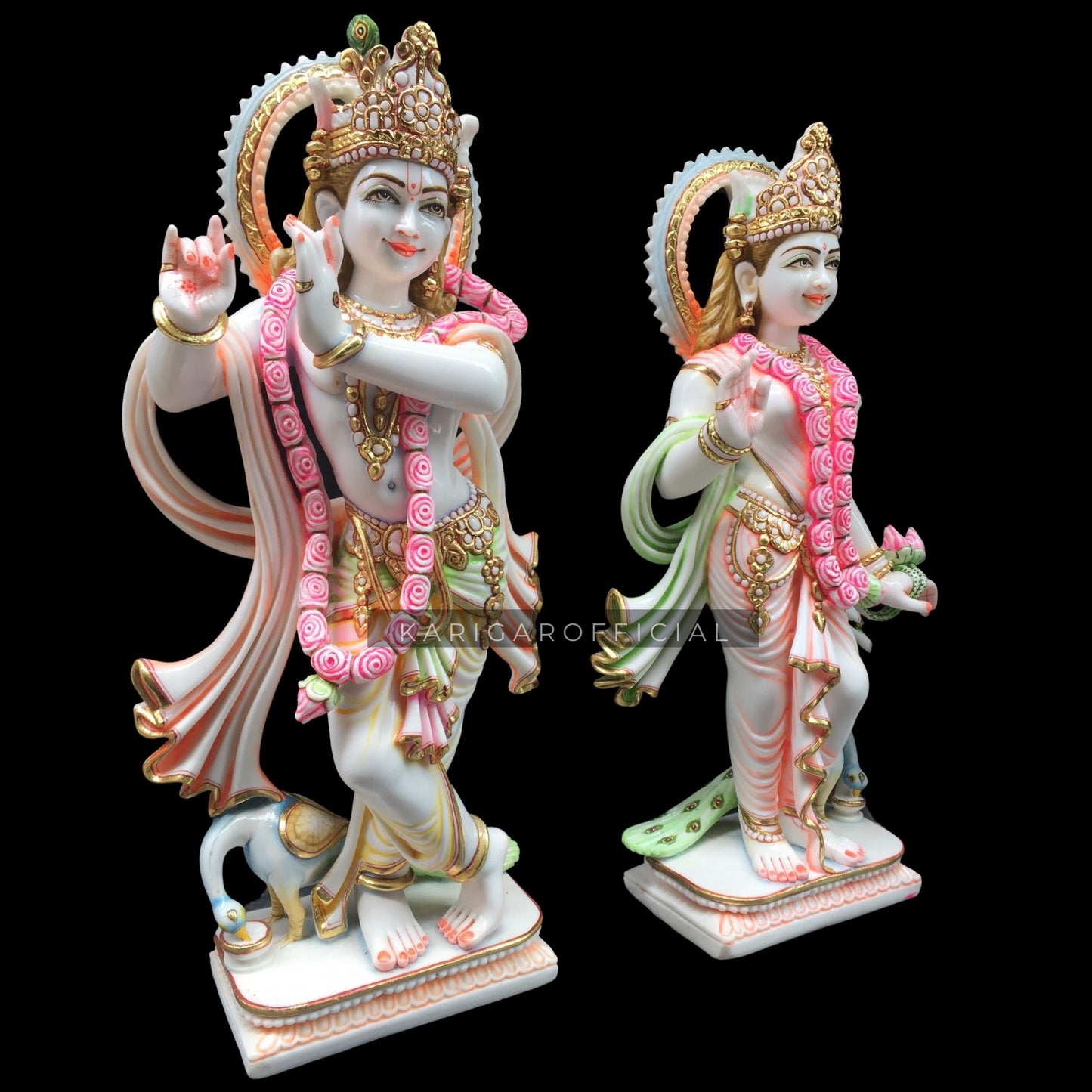 Radha Krishna Statue Murti Large 24 inches Murti in Royal Gold Leaf Work White Golden Pink Green Accents Marble RadhaKrishna idol Hindu Divine Love Couple Perfect Home Temple Wedding Housewarming Gift