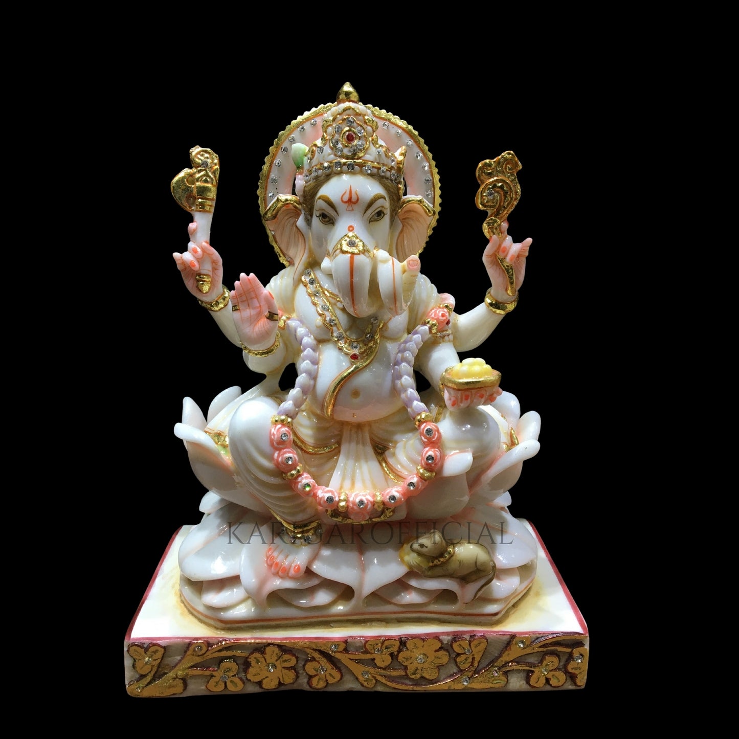 Estatua de Ganesha Murti sentada en una flor de loto - Figura grande de Ganpati con tachuelas de joyería de piedra de 12 pulgadas - Ídolo de Ganapati de mármol - Deidad Vinayak - Figura grande de dios elefante Escultura de regalos de inauguración